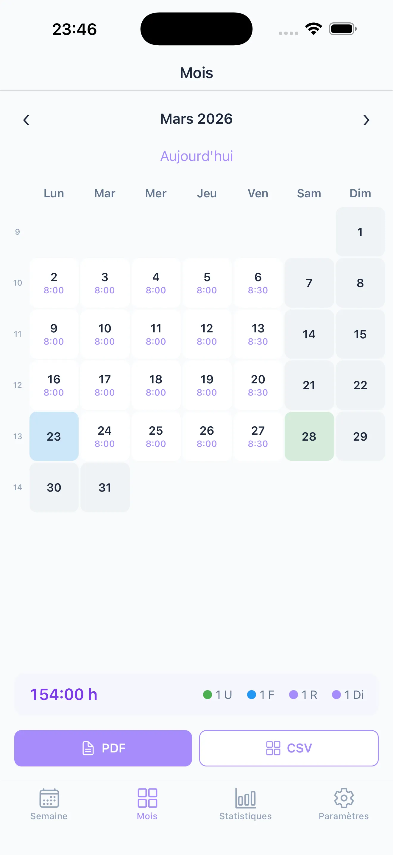 Relevé d'heures. En PDF.
